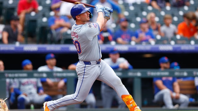 Pete Alonso #20 of the New York Mets hits a two run home run during the first inning against the Colorado Rockies at Coors Field on August 8, 2024 in Denver, Colorado. 