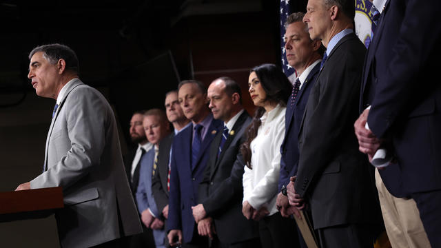 Rep. Andrew Clyde speaks alongside fellow Freedom Caucus members during a press conference on the government funding bill at the U.S. Capitol on March 22, 2024 in Washington, DC. 