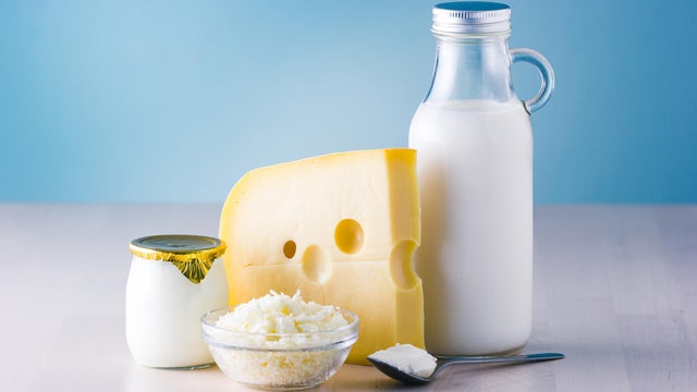 Dairy products such as milk, cheese, egg, yogurt and butter.