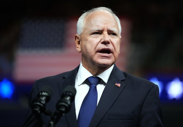 Democratic vice presidential candidate Minnesota Gov. Tim Walz speaks during a campaign rally with Democratic presidential candidate, U.S. Vice President Kamala Harris at the Liacouras Center at Temple University on August 6, 2024 in Philadelphia, Pennsyl