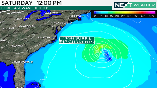 A weather map showing high surf and rip currents in the Atlantic Ocean off the East Coast of the United States 