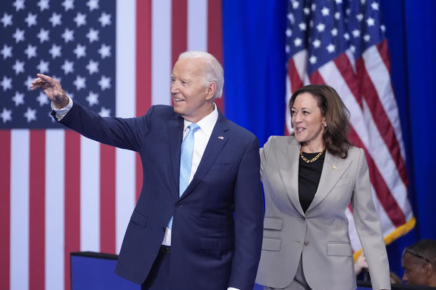 President Biden and Vice President Kamala Harris arrive to speak at an event at Prince George's Community College in Largo, Maryland, on Thursday, Aug. 15, 2024. 