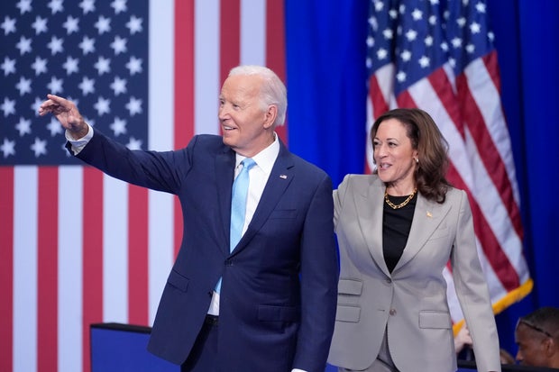 President Biden and Vice President Kamala Harris arrive to speak at an event at Prince George's Community College in Largo, Maryland, on Thursday, Aug. 15, 2024.