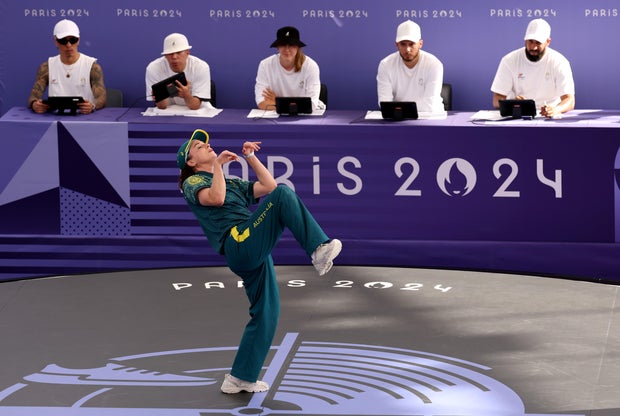 Rachael Gunn, known as B-Girl Raygun, performs at the 2024 Paris Olympics.