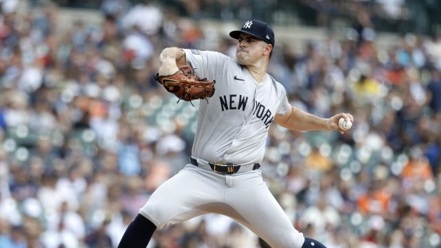 Carlos Rodon #55 of the New York Yankees pitches against the Detroit Tigers during the first inning at Comerica Park on August 17, 2024 in Detroit, Michigan. 