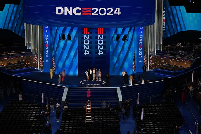 Preparation for the Democratic National Convention takes place at the United Center on Aug. 18, 2024 in Chicago, Illinois.