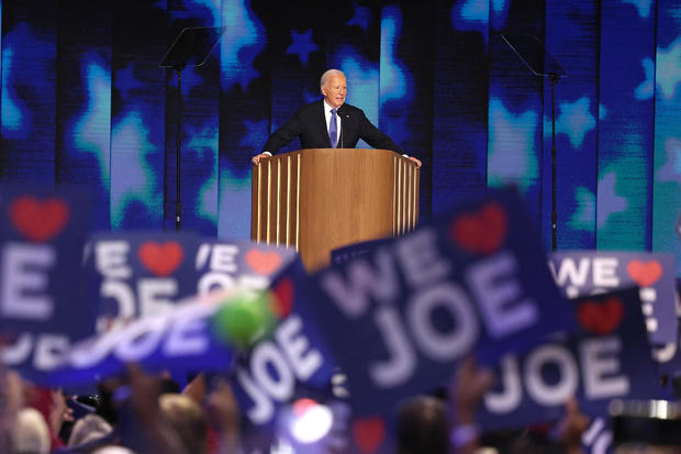 President Joe Biden speaks on the first day of the Democratic National Convention 