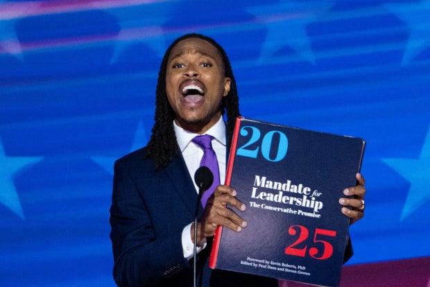 Pennsylvania state Rep. Malcolm Kenyatta speaks about Project 2025 during Night 2 of the 2024 Democratic National Convention in Chicago on Tuesday, Aug. 20, 2024.