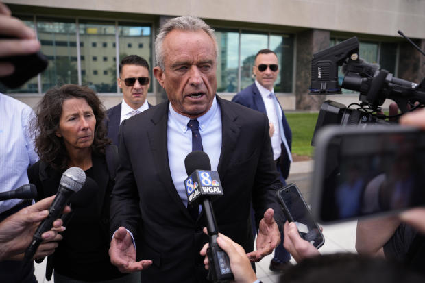 Robert F. Kennedy Jr. speaks to the media on Tuesday, Aug. 20, 2024, in Harrisburg, Pennsylvania. 