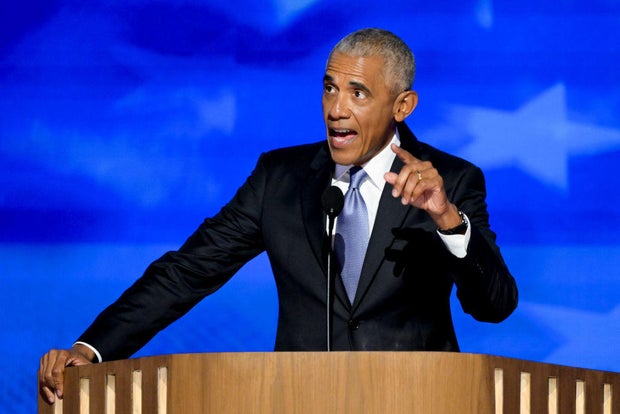 Former President Barack Obama speaks during the Democratic National Convention in Chicago on Tuesday, Aug. 21, 2024.