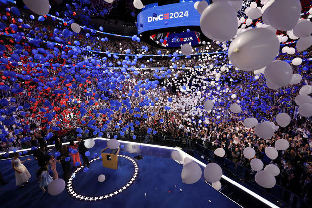 Balloons are dropped following a speech by Vice President Kamala Harris during the Democratic National Convention in Chicago on Thursday, Aug. 22, 2024. 