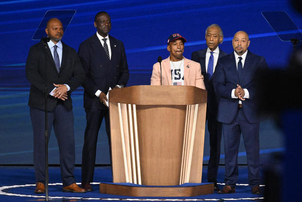 Members of the "Central Park Five" speak at the Democratic National Convention at the United Center in Chicago on Aug. 22, 2024. 