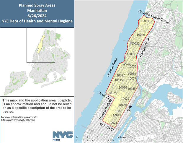 A map showing where trucks will be spraying pesticides for mosquitoes in Manhattan. 