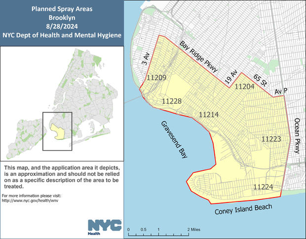 A map showing where trucks will be spraying pesticides for mosquitoes in Brooklyn. 