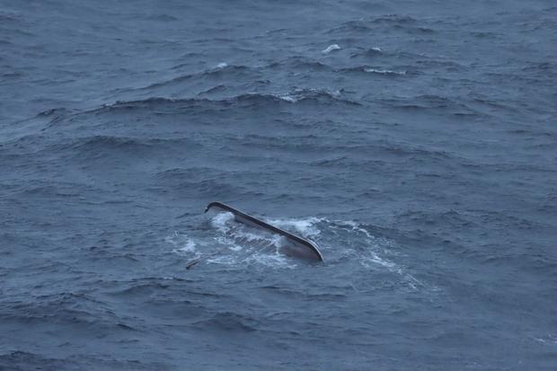 This photo released by the Norwegian Armed Forces/Coast Guard shows the Viking ship replica, called Naddodd, where it was found Aug. 28, 2024, after capsizing a day earlier off Norway's coast. 