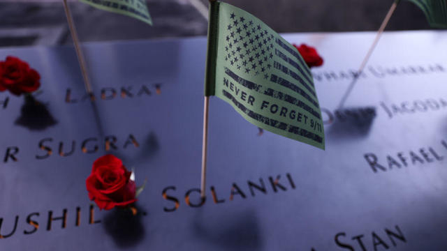 World Trade Center terrorist attack victims names are seen on the Memorial Pool at the National 9/11 Memorial in New York on July 13, 2024. 