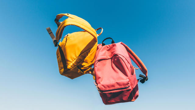 Multicolored backpacks on sky background. Back to school concept. 