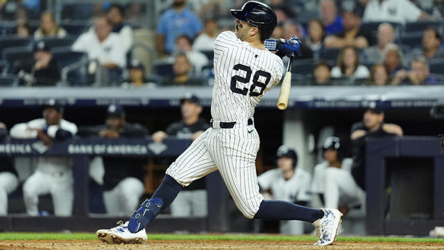 New York Yankees Catcher Austin Wells (28) hits a two run home run during the eighth inning of the Major League Baseball game between the St. Louis Cardinals and the New York Yankees on August 30, 2024, at Yankee Stadium in the Bronx, NY. 