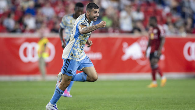 Tai Baribo #28 of Philadelphia Union celebrates his goal in the first half of the Major League Soccer match against the New York Red Bulls at Red Bull Arena on August 31, 2024 in Harrison, New Jersey. 