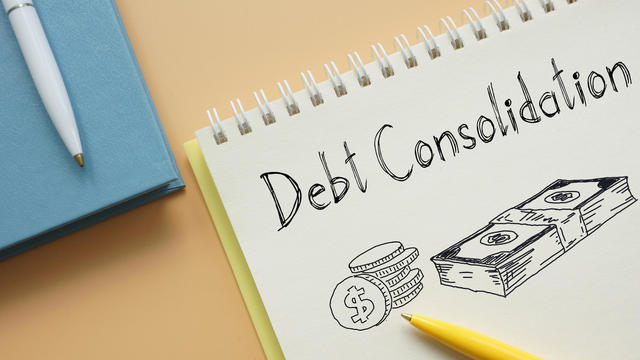 Debt consolidation is shown on the business photo using the text 