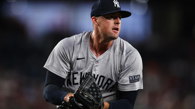 Clay Holmes #35 of the New York Yankees fields on a play against the Washington Nationals during the ninth inning at Nationals Park on August 26, 2024 in Washington, DC. 