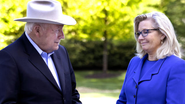 Then-Congresswoman Liz Cheney stands with her dad, former Vice President Dick Cheney, at his house in Virginia after she was ousted from her GOP leadership role, May 12, 2021, McLean, Virginia. 