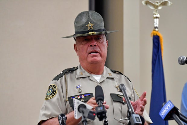 Laurel County Sheriff John Root gives an update at the London Community Center in London, Kentucky, Sept. 8, 2024, on the efforts to find the suspect in the shooting at Interstate 75 near Livingston, Kentucky. 