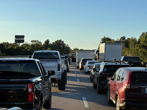 Drivers park in the lanes of Interstate 75 after multiple people were shot while driving down the highway near London, Kentucky, in this picture obtained from social media, Sept. 7, 2024. 