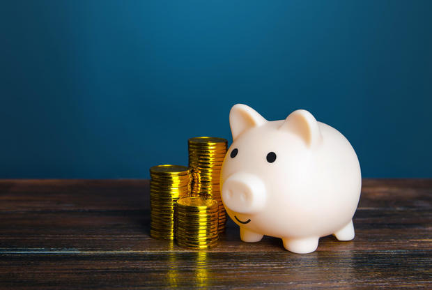 Piggy bank and money coins. Savings. Enrichment and wealth. Pension fund. Deposit banking. Earn more money and save from inflation risks. Investments in stocks, funds and liquid assets. 