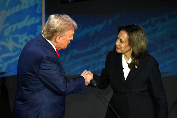 Vice President Kamala Harris shakes hands with former President Donald Trump during a presidential debate at the National Constitution Center in Philadelphia, Pennsylvania, on Sept. 10, 2024. 