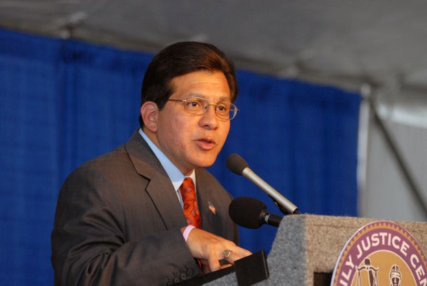 Attorney General Alberto Gonzales makes remarks at the dedication of the New Orleans Family Justice Center, a day after announcing his resignation as Attorney General, Aug. 28, 2007, in New Orleans, Louisiana.