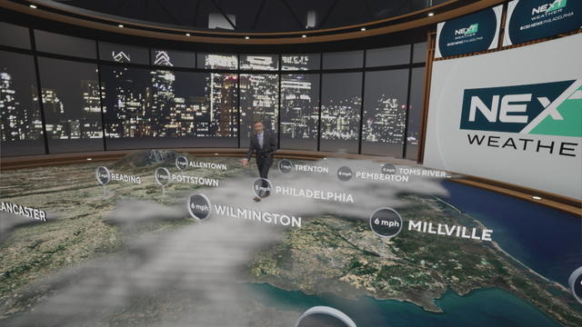 Meteorologist Bill Kelly shows fog over Philadelphia in the CBS Philadelphia NEXT Weather Sphere 