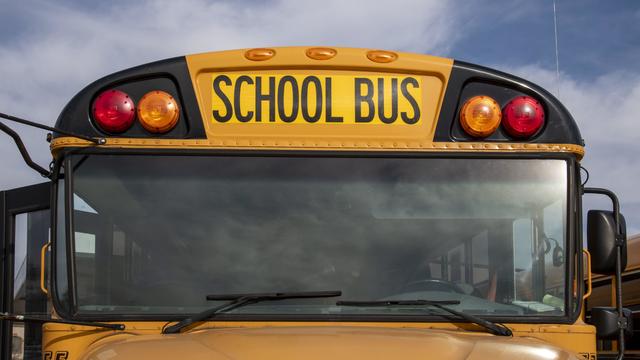 Closeup of front of school bus. 