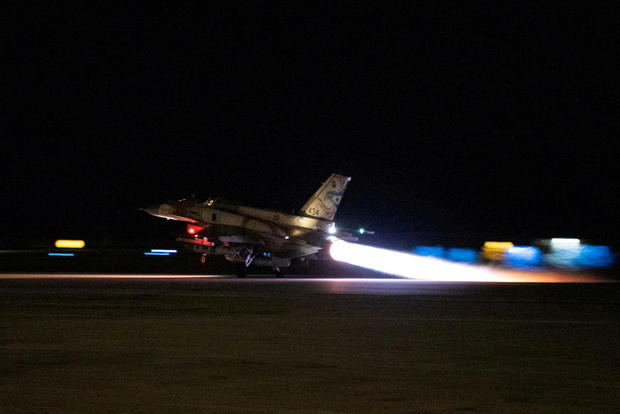 An Israeli fighter jet takes off at an unidentified location to conduct strikes on Hezbollah targets in southern Lebanon 