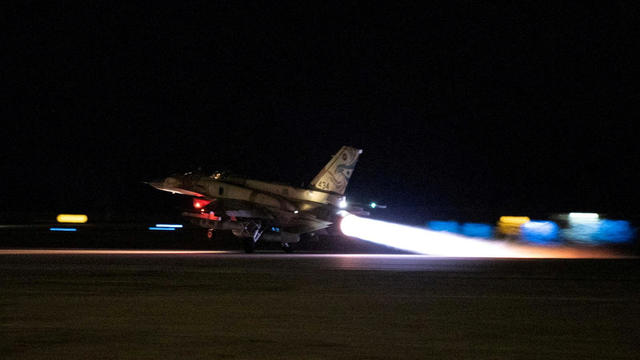 An Israeli fighter jet takes off at an unidentified location to conduct strikes on Hezbollah targets in southern Lebanon 