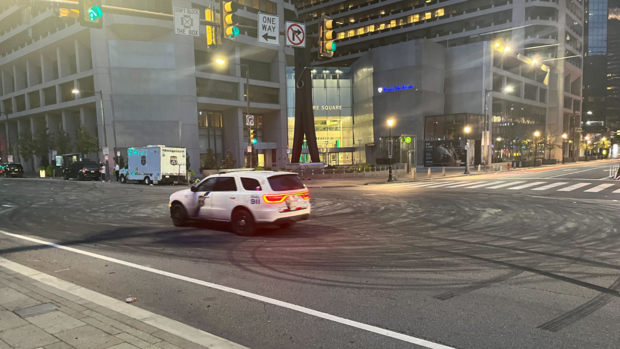 Tire marks after illegal car meetup outside City Hall 