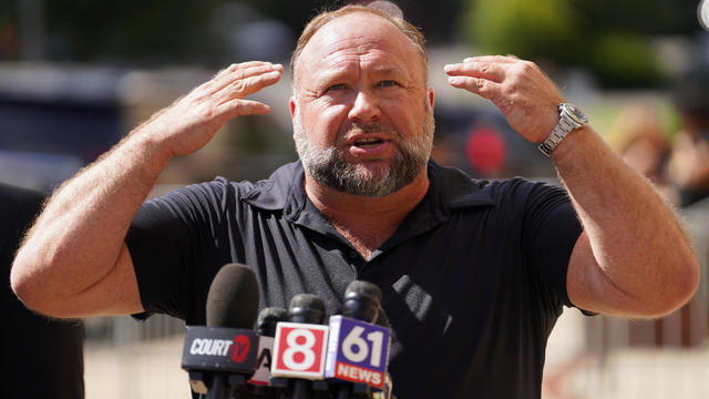 Alex Jones Speaks To The Media Outside The Sandy Hook Trial In Waterbury, Connecticut 