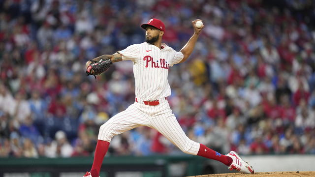 Philadelphia Phillies' Cristopher Sánchez pitches during a baseball game, Sept. 25, 2024, in Philadelphia. 