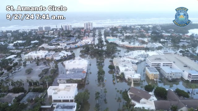 A drone view shows a flooded St. Armands Circle after the area was hit by Helene in Sarasota, Florida, Sept. 27, 2024, in this still image obtained from social media video.