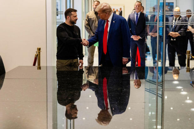 Ukrainian President Volodymyr Zelensky and former President Donald Trump shake hands during a meeting on Sept. 27, 2024, in New York City. 