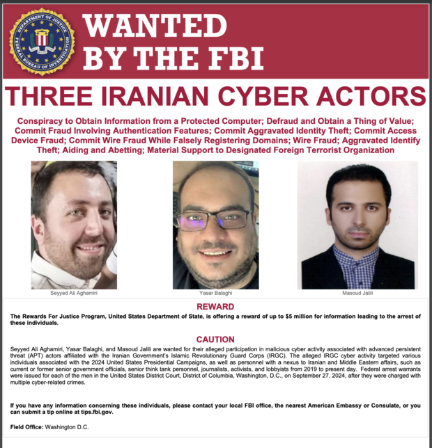 An FBI wanted poster shows the three defendants charged with targeting the Trump campaign on Friday, Sept. 27, 2024. 