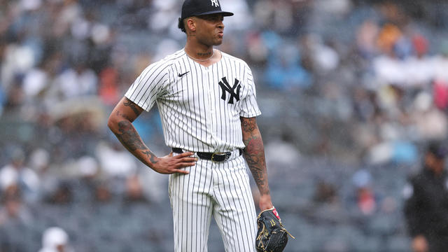 Luis Gil #81 of the New York Yankees looks on after giving up a two-run home run during the sixth inning of the game against the Pittsburgh Pirates at Yankee Stadium on September 28, 2024 in New York City. 