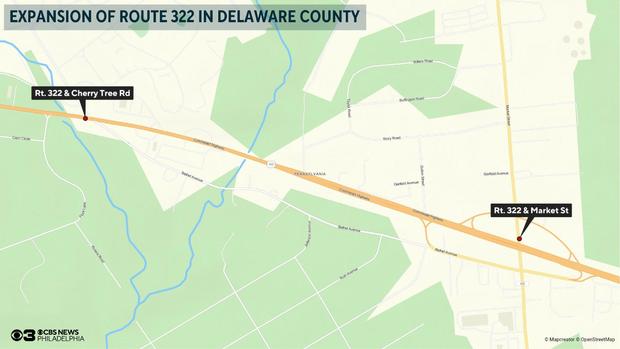 A map showing the stretch of 322 that will be expanded, from Cherry Tree Road to Market Street 