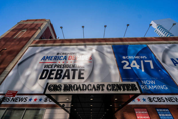 Signage about the first vice presidential debate at the CBS Broadcast Center in New York on Monday, Sept. 30, 2024. 