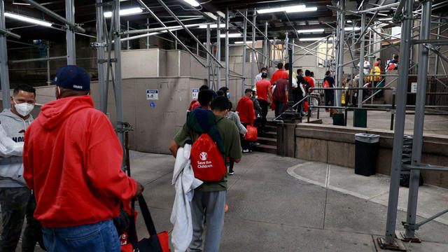 Around 60 recently arrived Venezuelan migrants are seen entering a shelter at Bellevue on Wednesday, Oct. 12, 2022, in Manhattan. 