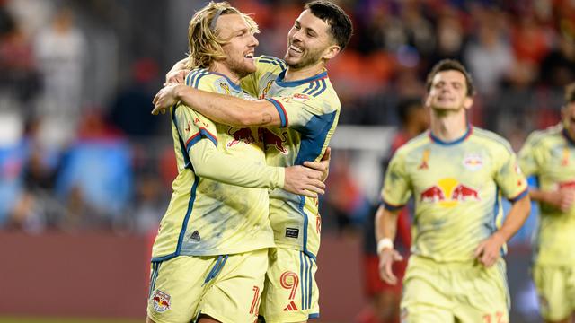 New York Red Bulls Midfielder Emil Forsberg (10) celebrates his goal with Midfielder Lewis Morgan (9) during the first half of the MLS soccer regular season game between the New York Red Bulls and the Toronto FC on October 2, 2024, at BMO Field in Toronto, ON, Canada. 