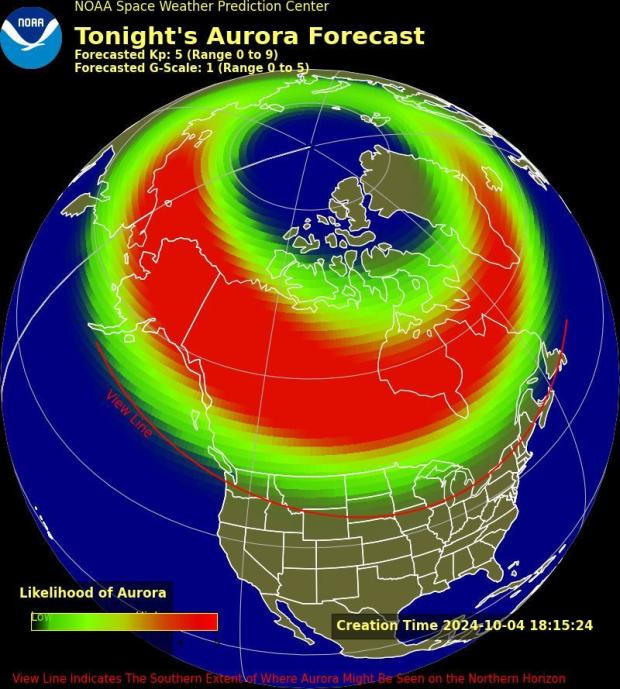 A map from the Space Weather Prediction Center shows the aurora forecast for the US on October 4, 2024. 