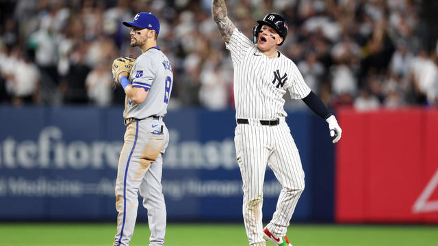 Alex Verdugo #24 of the New York Yankees celebrates after hitting an RBI single against the Kansas City Royals during the seventh inning in Game One of the Division Series at Yankee Stadium on October 05, 2024 in New York City. 