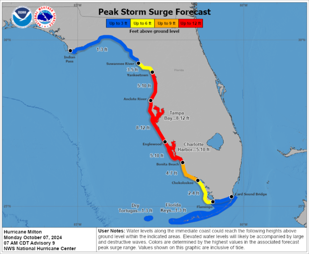 Map shows the forecast for storm surge levels from Hurricane Milton 