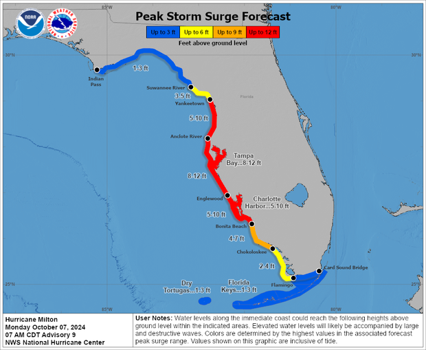 Map shows the forecast for storm surge levels from Hurricane Milton